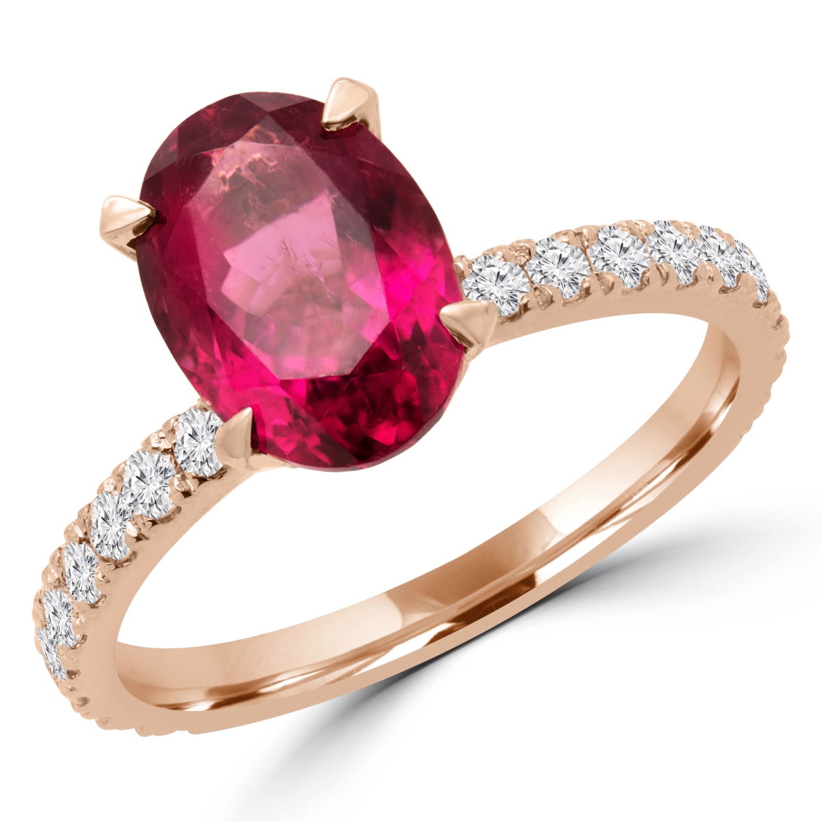 1.9 CTW Oval Red Tourmaline Under Halo Solitaire with Accents Engagement Ring in 14K Rose Gold - Size 4