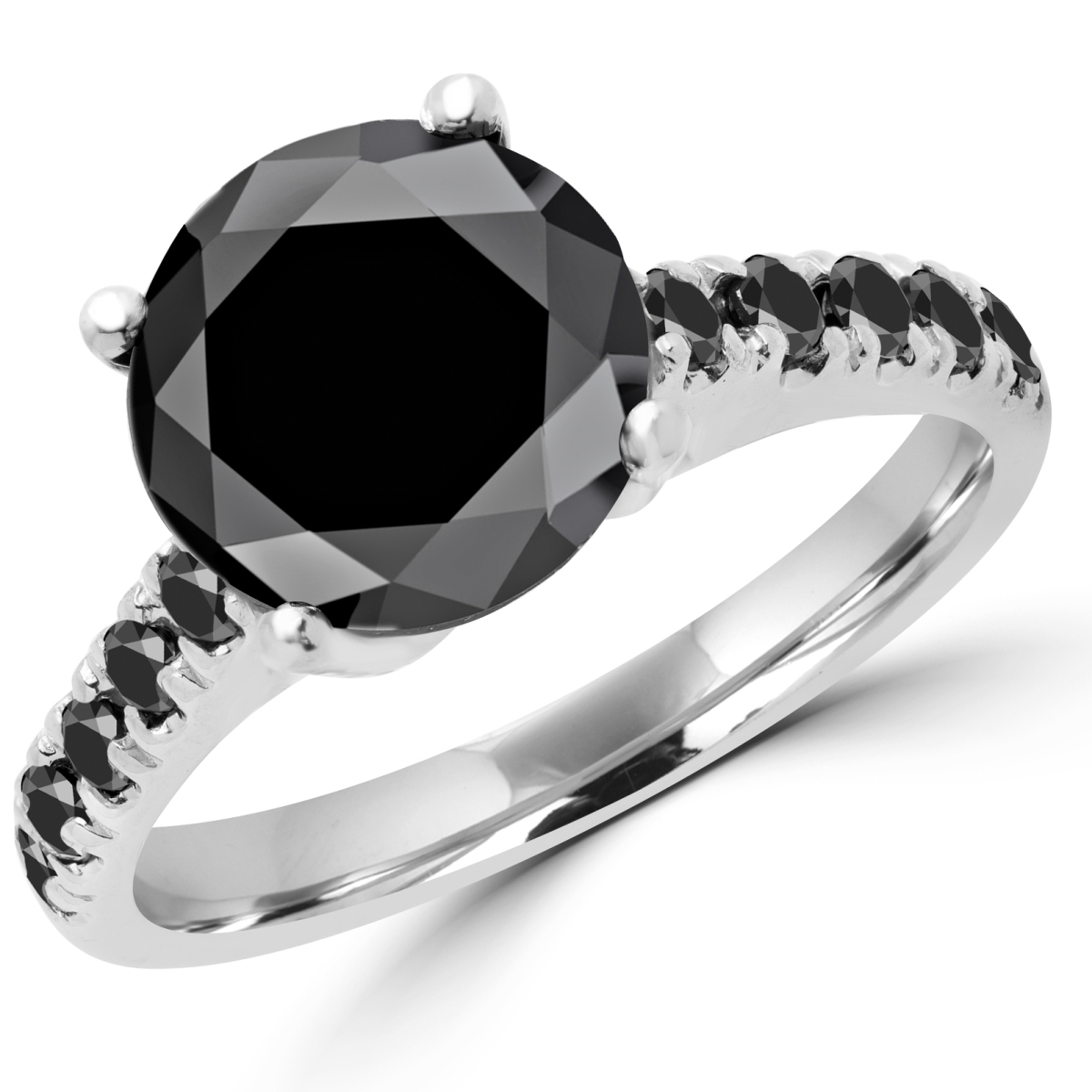 3.6 CTW Round Black Diamond Solitaire with Accents Engagement Ring in 18K White Gold - Size 7