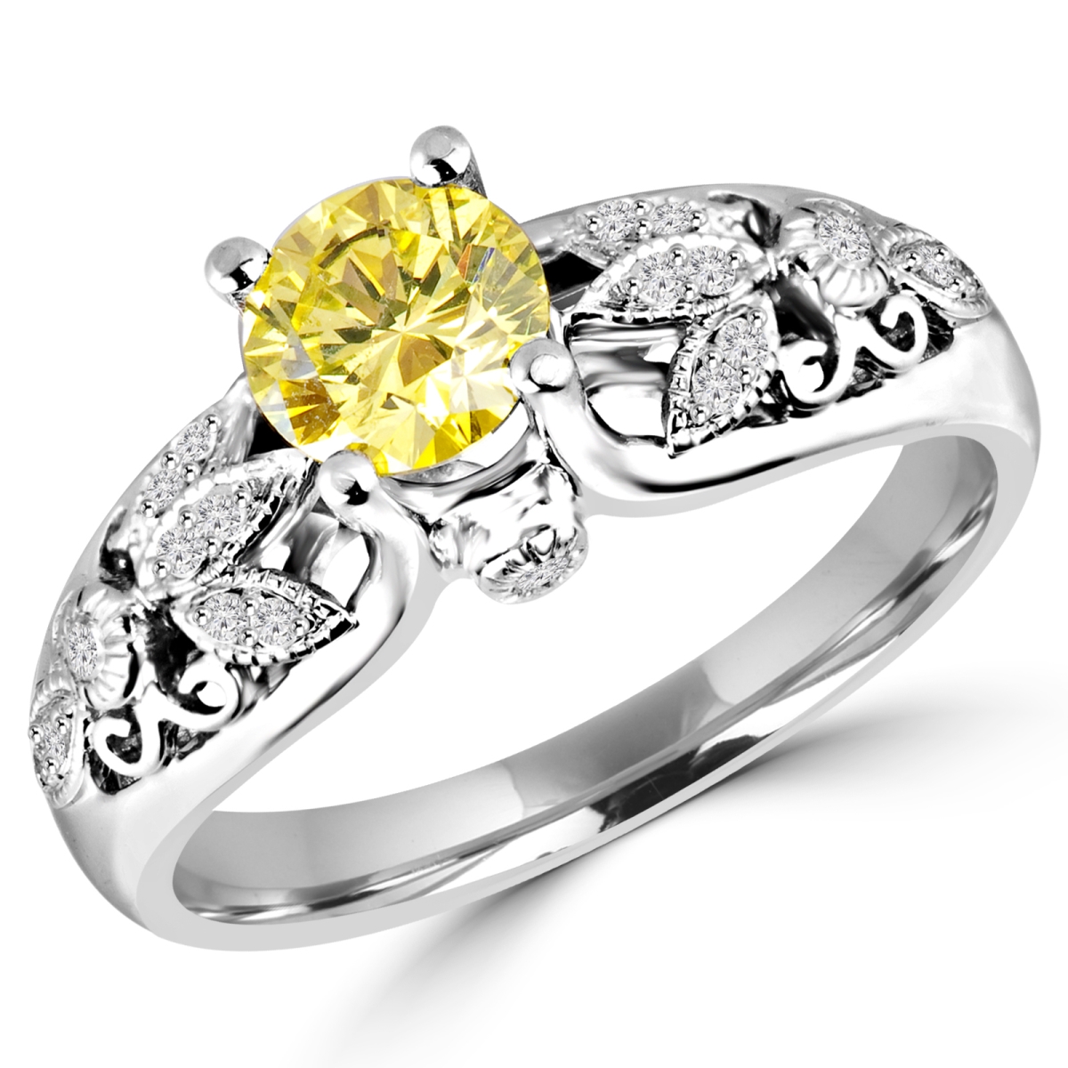 MD180130-9 0.9 CTW Round Canary Yellow Diamond Vintage Solitaire with Accents Engagement Ring in 14K White Gold - Size 9