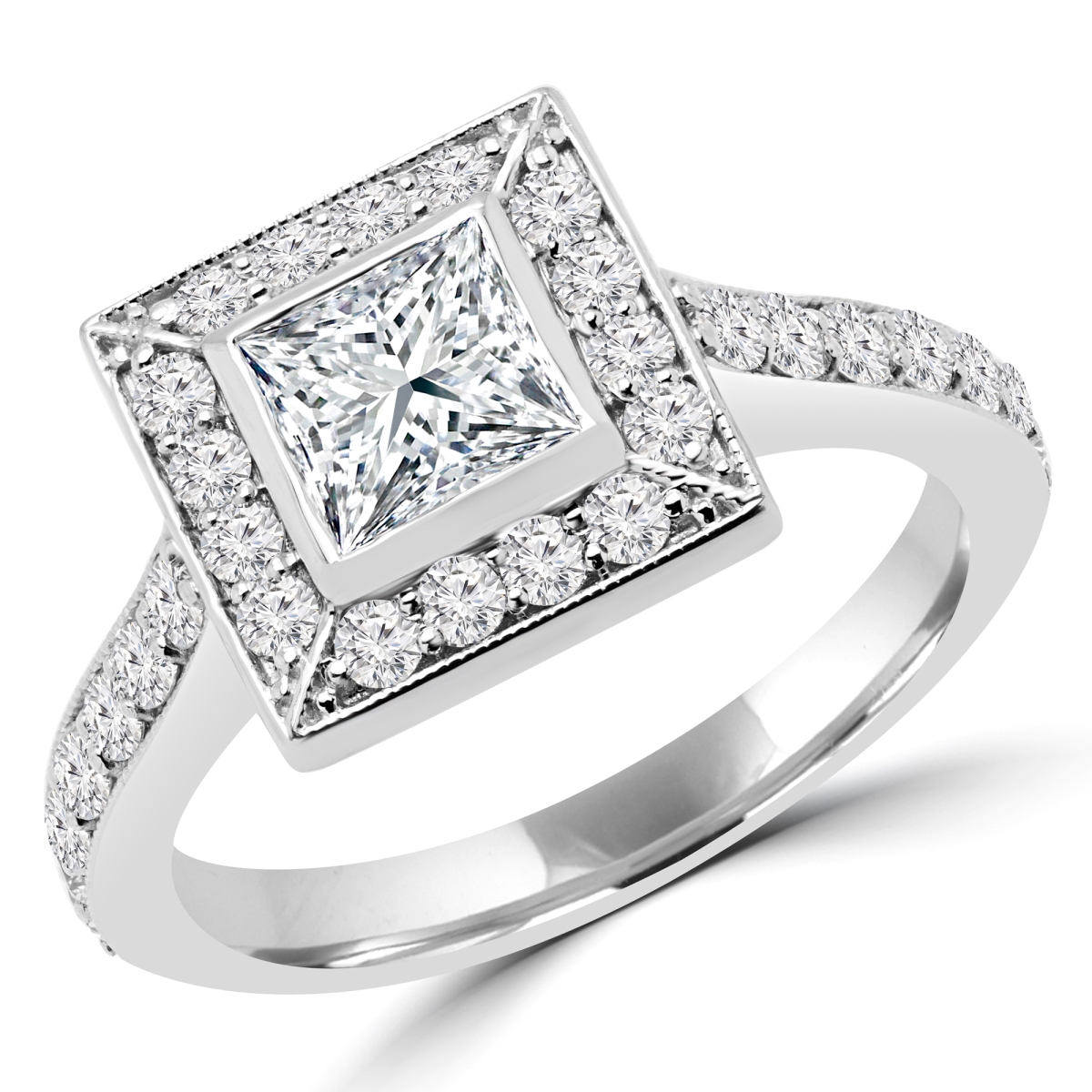 1.25 CTW Princess Diamond Vintage Bezel Set Halo Engagement Ring in 14K White Gold - Size 4