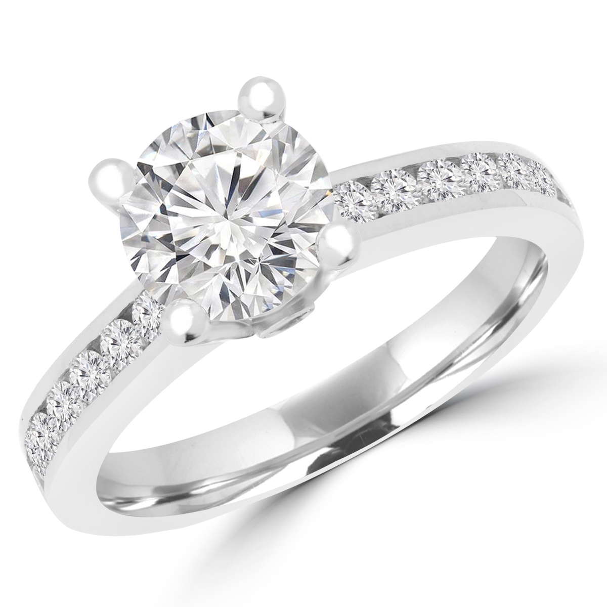 MD180535-5.25 1.1 CTW Round Diamond Solitaire with Accents Engagement Ring in 14K White Gold with Channel Set Accents - Size 5.25 -  Majesty Diamonds