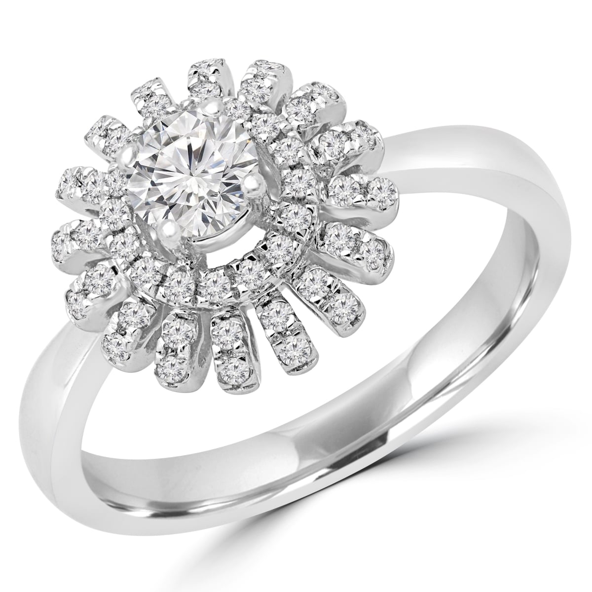 MD190108-6.5 0.5 CTW Round Diamond Vintage Floral Motif Halo Engagement Ring in 14K White Gold - Size 6.5