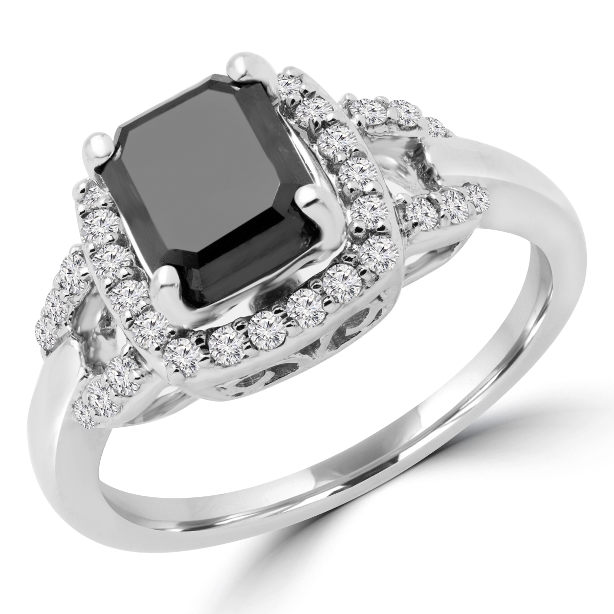 MD180145-3.5 2.05 CTW Round Black Diamond Halo Engagement Ring in 14K White Gold - Size 3.5