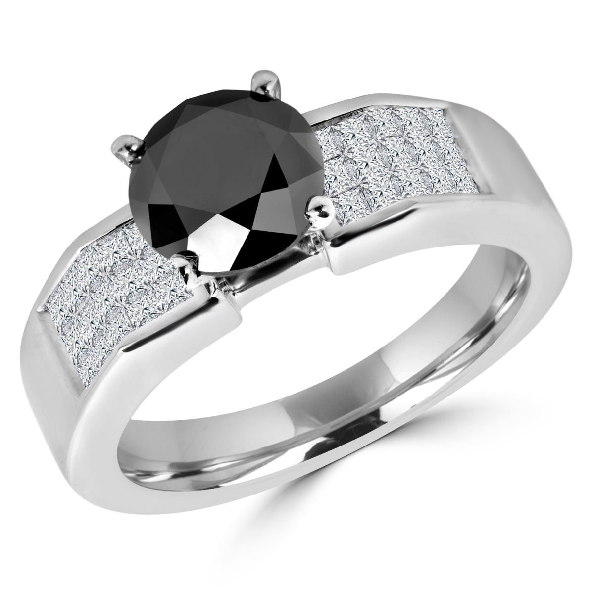 MD180171-4.5 2.75 CTW Round Black Diamond Solitaire with Accents Engagement Ring in 14K White Gold - Size 4.5