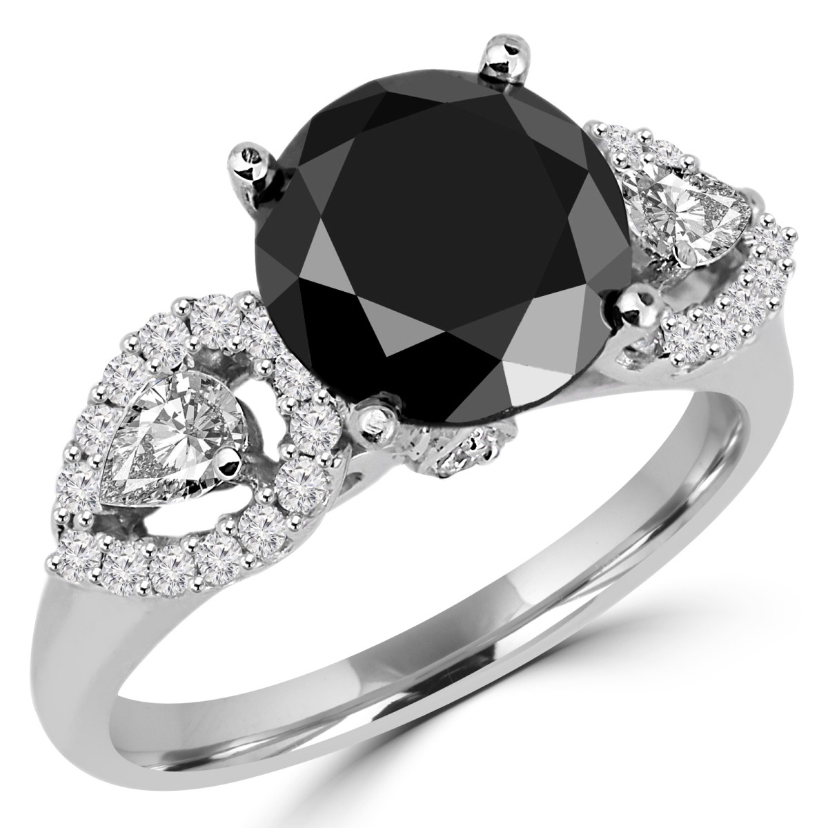 MD180143-9 3.5 CTW Round Black Diamond Vintage Three-Stone Engagement Ring in 14K White Gold - Size 9