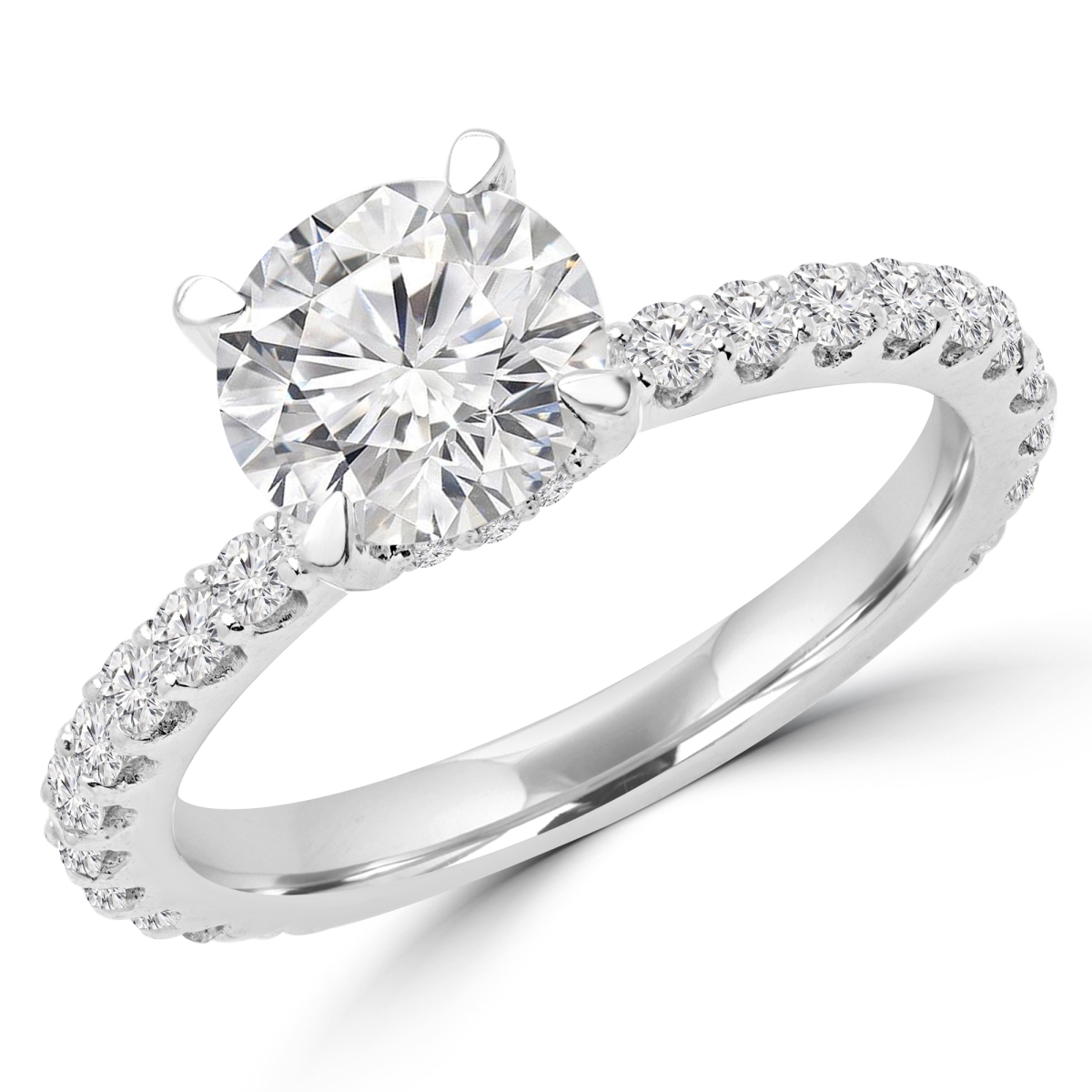 MD190008-4.25 2.1 CTW Round Diamond Solitaire with Accents Engagement Ring in 14K White Gold - Size 4.25