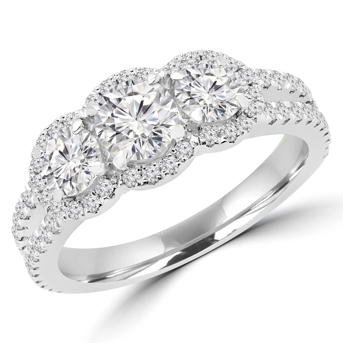 MD180058-3 1.3 CTW Round Diamond Three-Stone Halo Engagement Ring in 14K White Gold - Size 3