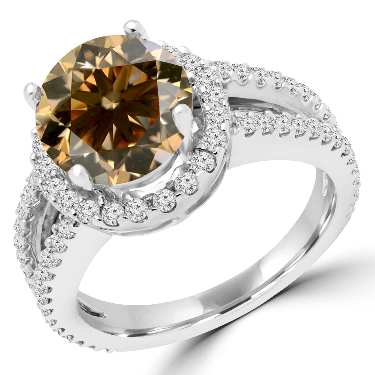 MD180123-3 2.2 CTW Round Champagne Diamond Halo Engagement Ring in 14K White Gold - Size 3
