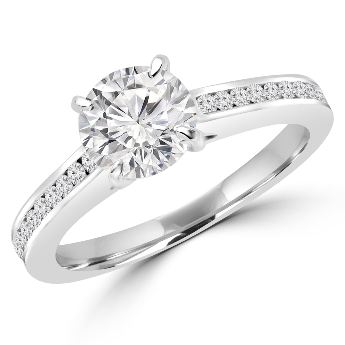 MD180237-6.5 0.6 CTW Round Diamond Solitaire with Accents Engagement Ring in 14K White Gold with Channel Set Accents - Size 6.5 -  Majesty Diamonds