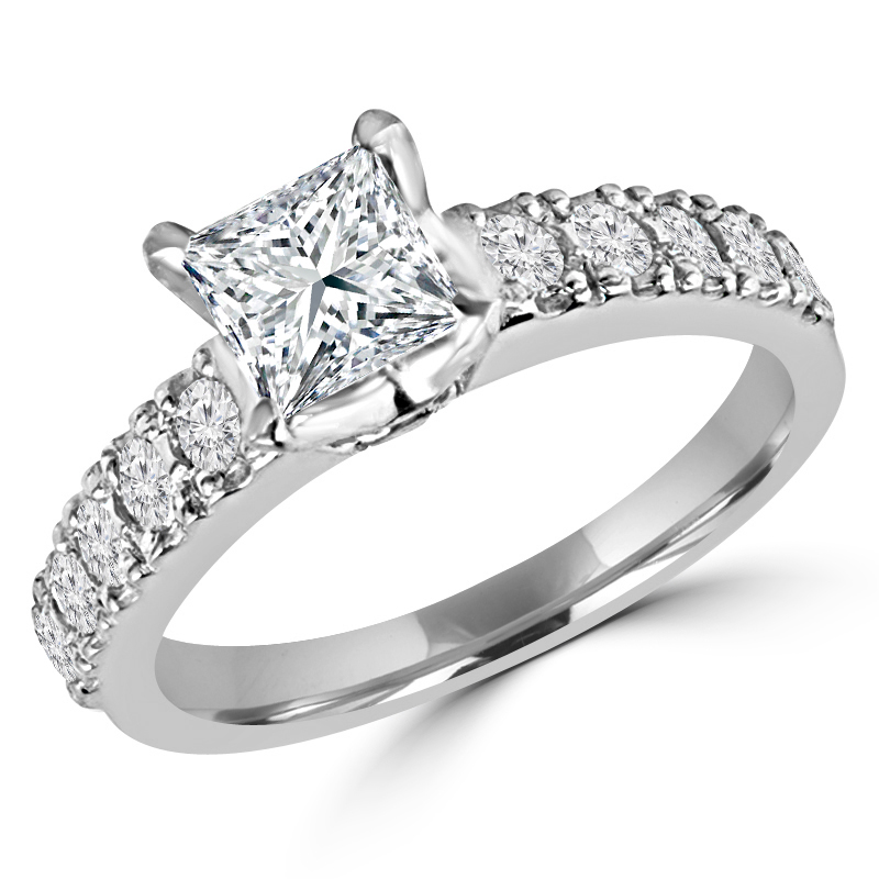 MD190012-4.75 1.87 CTW Princess Diamond Solitaire with Accents Engagement Ring in 14K White Gold - Size 4.75