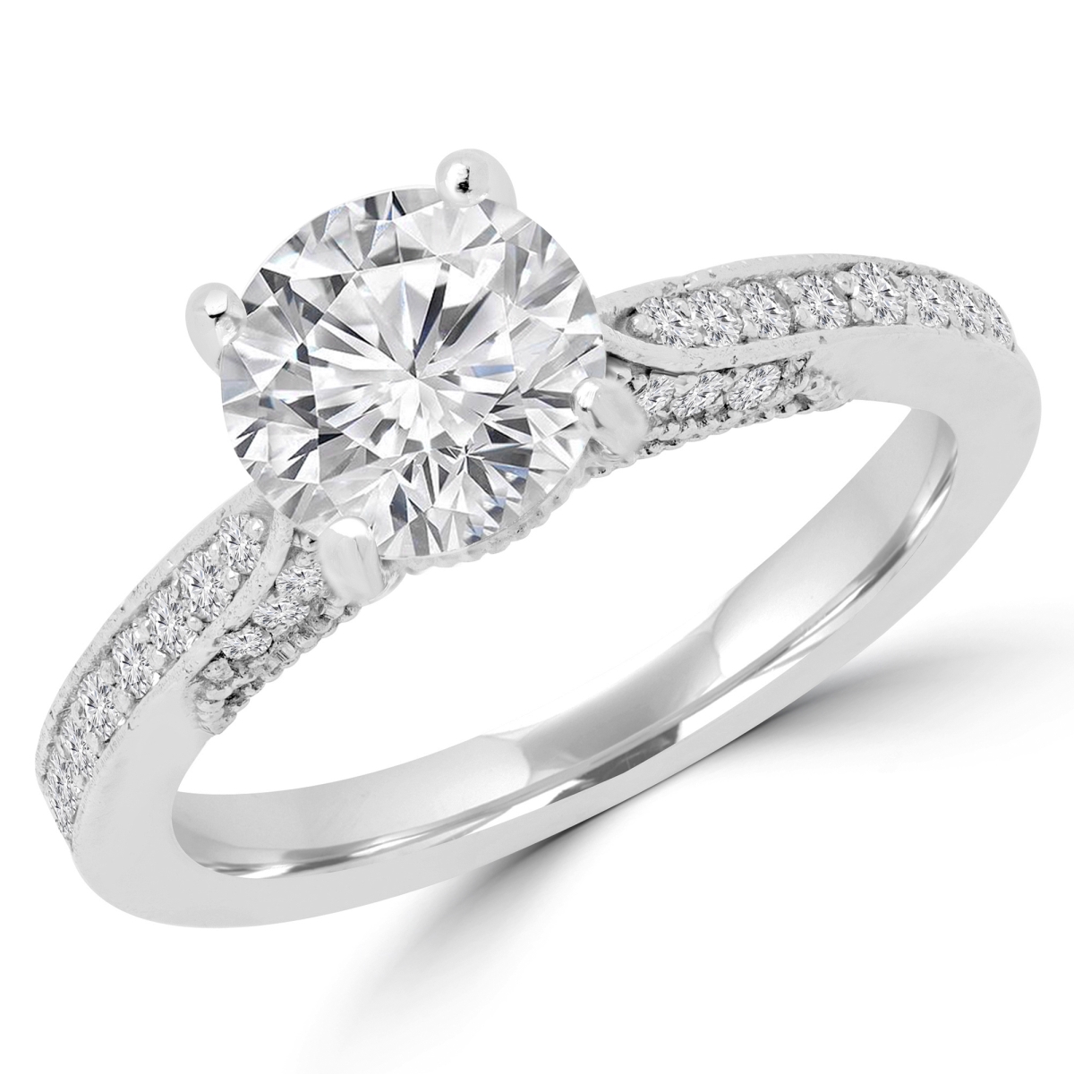MD180415-7.75 1.2 CTW Round Diamond Solitaire with Accents Engagement Ring in 14K White Gold - Size 7.75