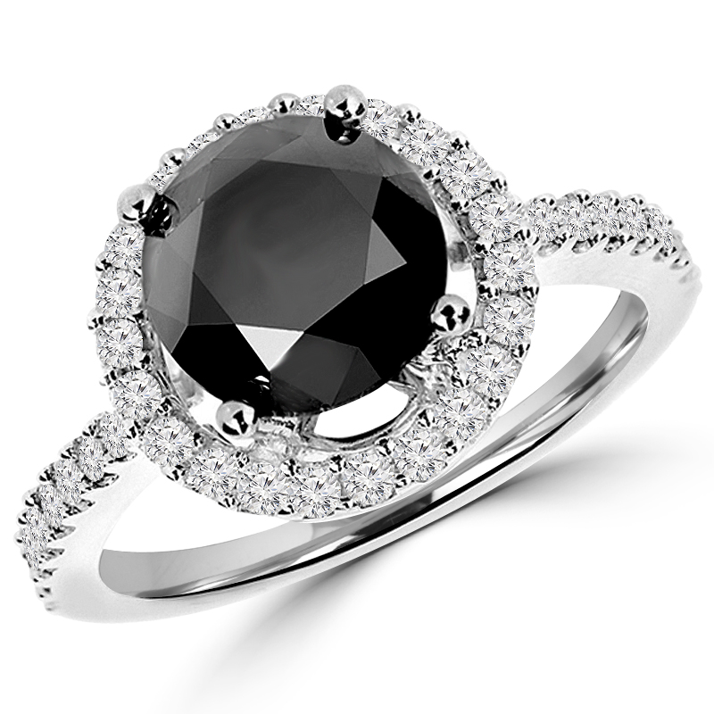 MD180167-3.75 4.3 CTW Round Black Diamond Halo Engagement Ring in 14K White Gold - Size 3.75