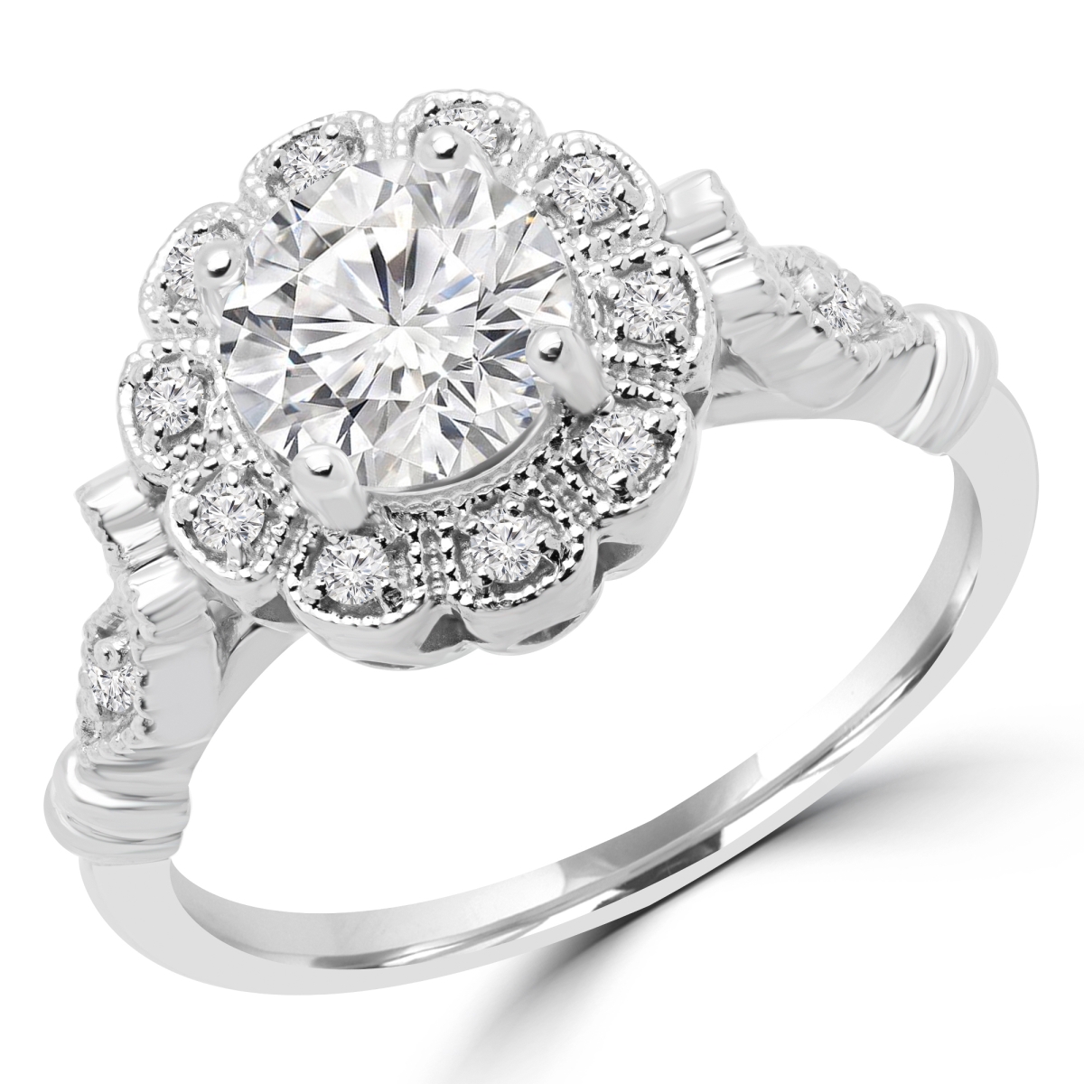 MD180458-3.5 0.62 CTW Round Diamond Halo Engagement Ring in 14K White Gold - Size 3.5