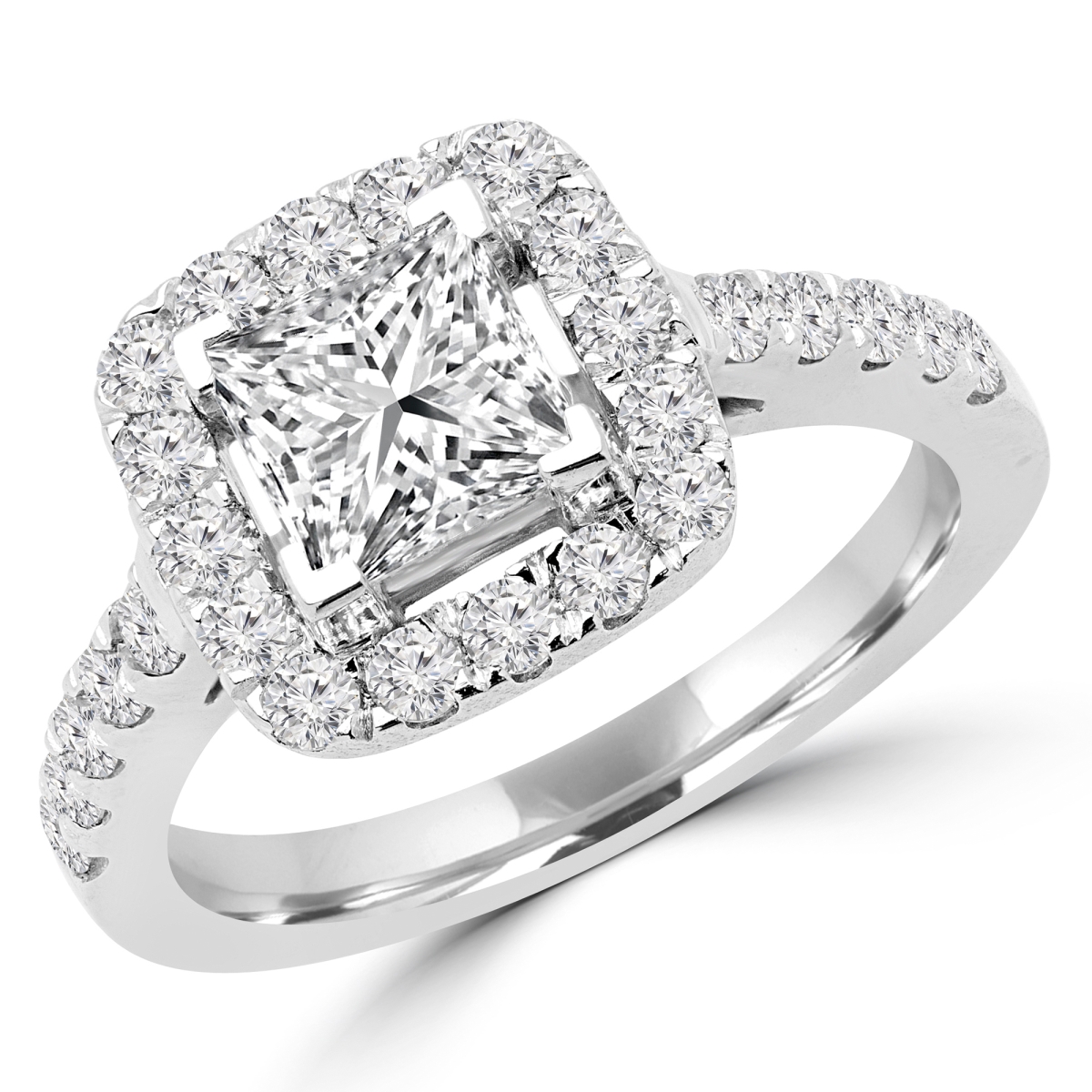 MD180474-5 1.65 CTW Princess Diamond V-Prong Halo Engagement Ring in 14K White Gold - Size 5