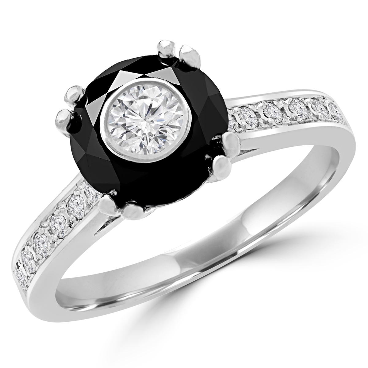 MD180610-5.75 1.1 CTW Round Black Diamond Double Prong Simion Solitaire with Accents Engagement Ring in 14K White Gold - Size 5.75