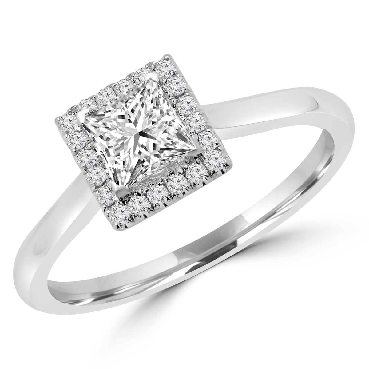 MD180476-5.5 0.62 CTW Princess Diamond Promise V-Prong Halo Engagement Ring in 14K White Gold - Size 5.5