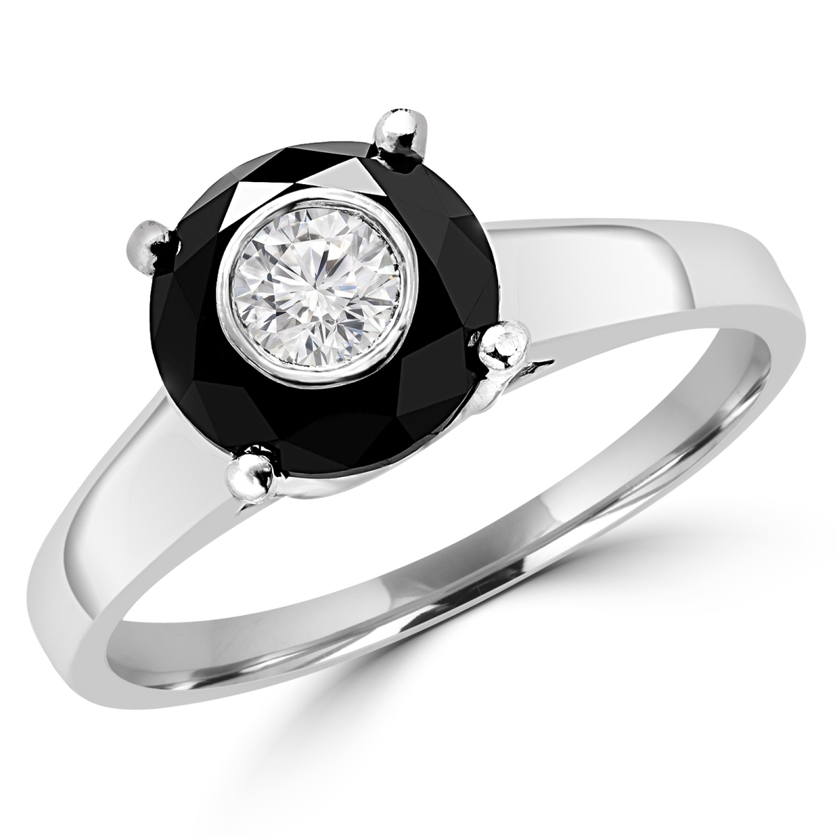 MD180615-3 0.9 CTW Round Black Diamond Simion Set Solitaire with Accents Engagement Ring in 14K White Gold - Size 3 -  Majesty Diamonds