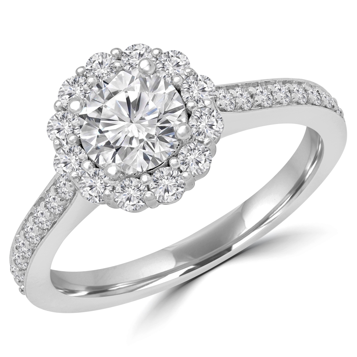 MD190120-5.25 0.9 CTW Round Diamond Halo Engagement Ring in 14K White Gold - Size 5.25