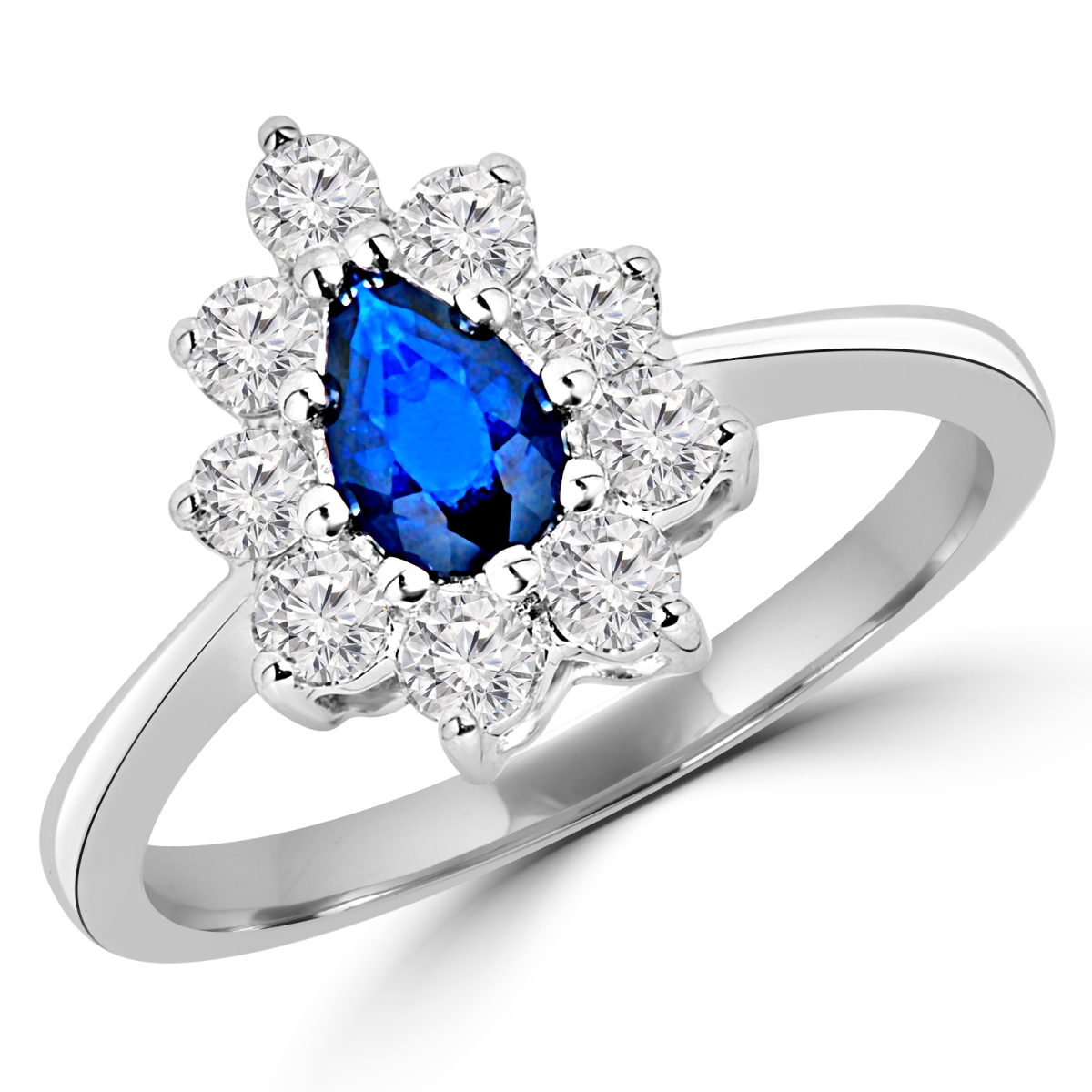1 CTW Pear Blue Sapphire Halo Cocktail Ring in 14K White Gold - Size 5.25