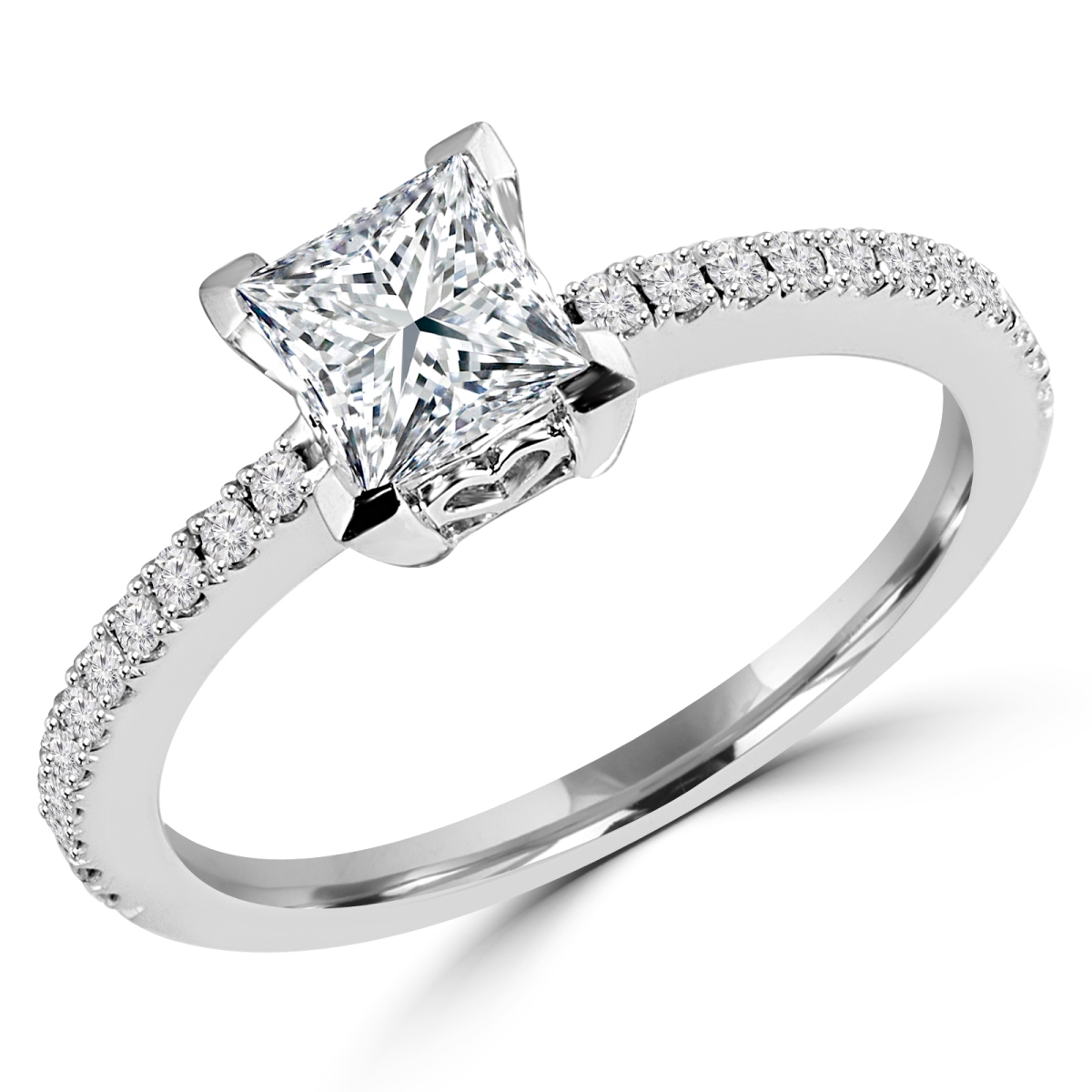 MD180243-5.5 0.87 CTW Princess Diamond Solitaire with Accents Engagement Ring in 14K White Gold - Size 5.5