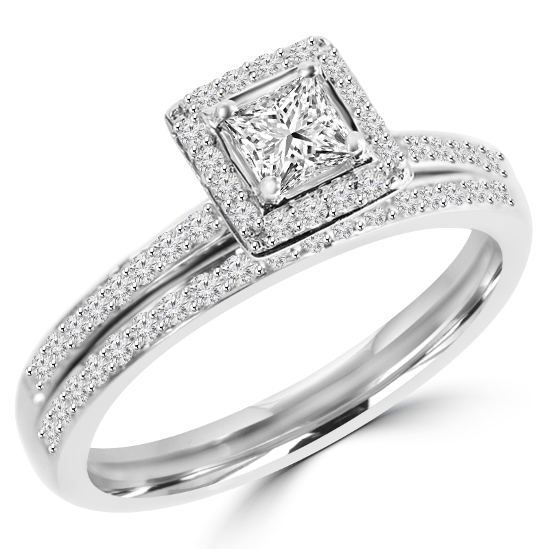 MD180112-3.25 0.75 CTW Princess Diamond Solitaire with Accents Engagement Ring in 14K White Gold - Size 3.25