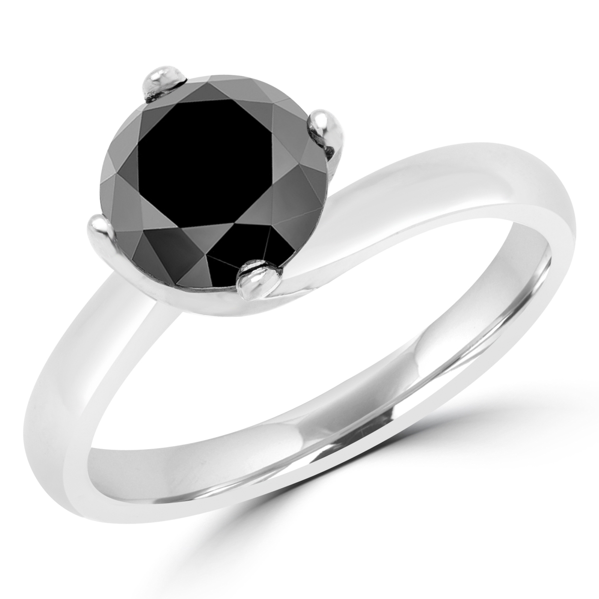 MD180258-3.75 2.1 CT Round Black Diamond Solitaire Engagement Ring in 10K White Gold - Size 3.75