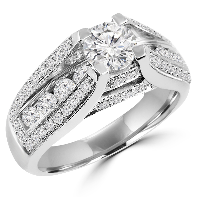 MD180537-8.5 1.4 CTW Round Diamond vintage Three-Row Solitaire with Accents Engagement Ring in 14K White Gold - Size 8.5