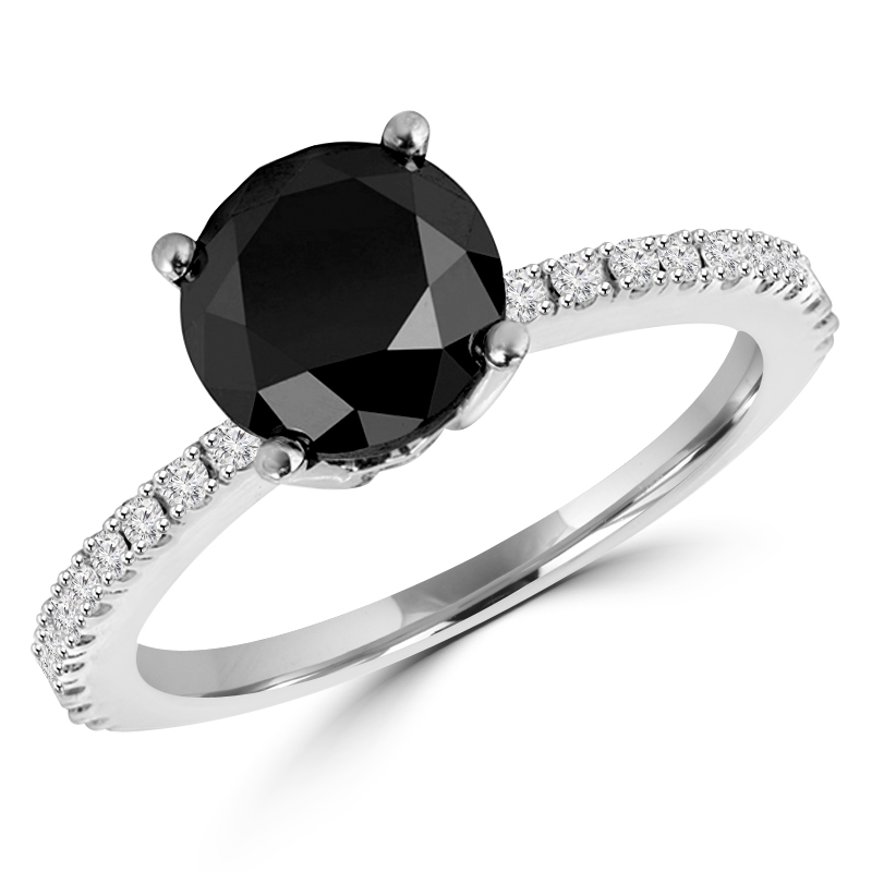 MD180138-8.75 0.75 CTW Round Black Diamond Promise Solitaire with Accents Engagement Ring in 14K White Gold - Size 8.75