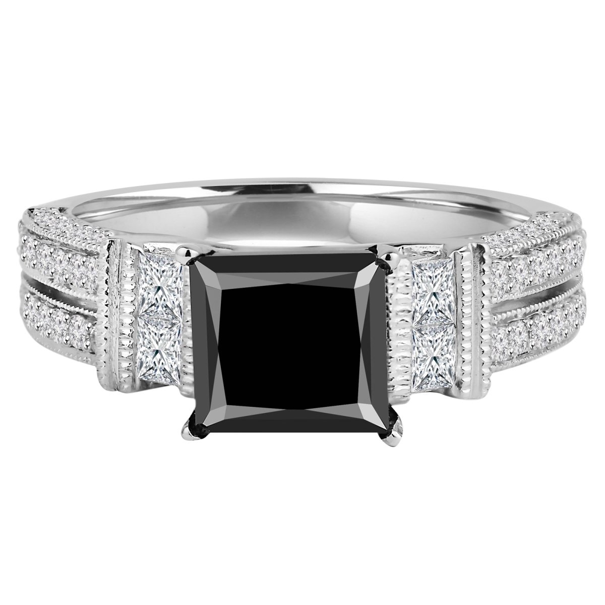 MD190393-4 2.8 CTW Princess Black Diamond Two-Row Solitaire with Accents Engagement Ring in 14K White Gold - Size 4