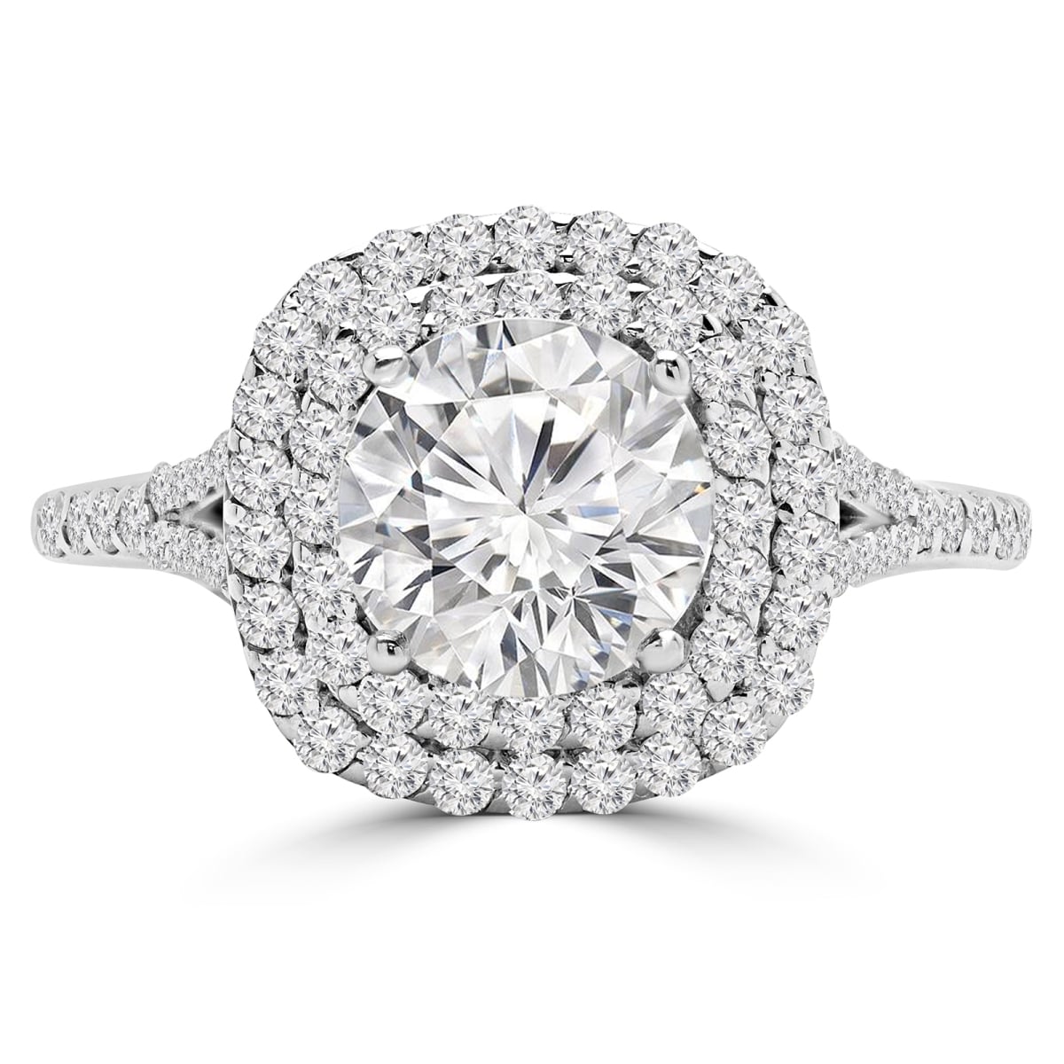 MD190205-4.25 1.25 CTW Round Diamond Double Cushion Split Shank Cathedral Halo Engagement Ring in 14K White Gold with Accents - Size 4.25