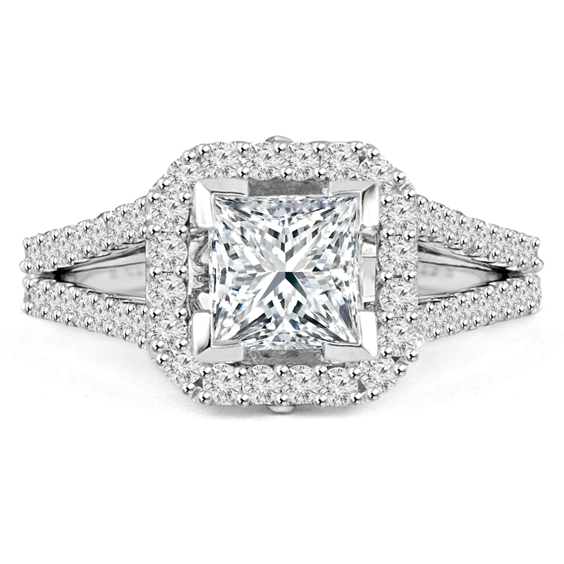 Picture of Majesty Diamonds MD190208-P 1.6 CTW Princess Diamond Split Shank Princess Halo Engagement Ring in 18K White Gold with Accents