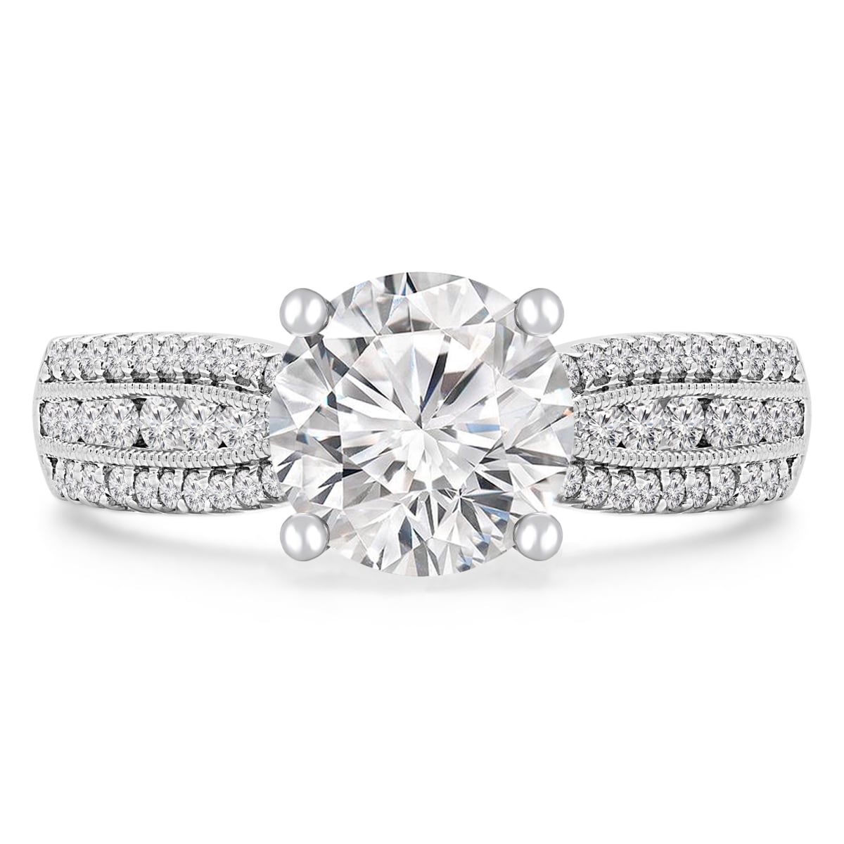MD190266-3.5 3.1 CTW Round Diamond Three-Row Taperred Solitaire with Accents Engagement Ring in 18K White Gold - Size 3.5
