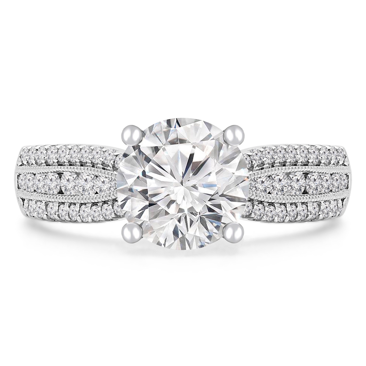 MD190266-9 3.1 CTW Round Diamond Three-Row Taperred Solitaire with Accents Engagement Ring in 18K White Gold - Size 9