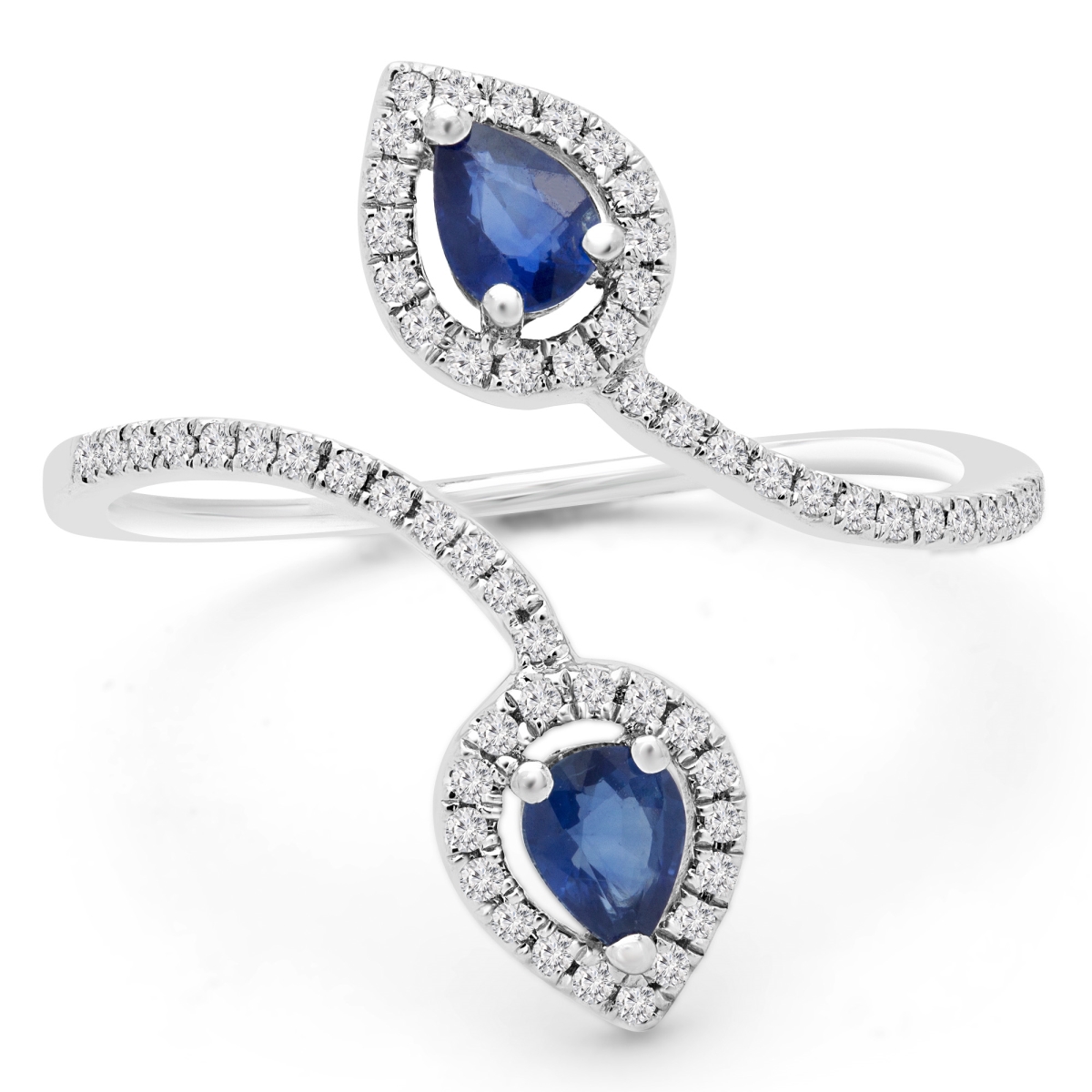 MD190321-4 0.5 CTW Round Blue Sapphire Two Stone Pear Halo Cocktail Ring in 14K White Gold - Size 4