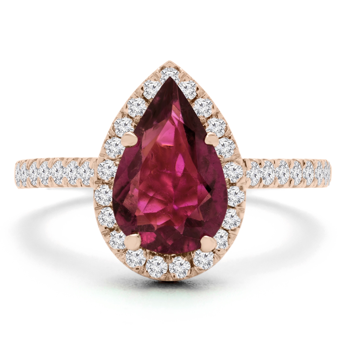 MD190269-6 1.9 CTW Pear Pink Tourmaline Pear Halo Engagement Ring in 14K Rose Gold with Accents - Size 6