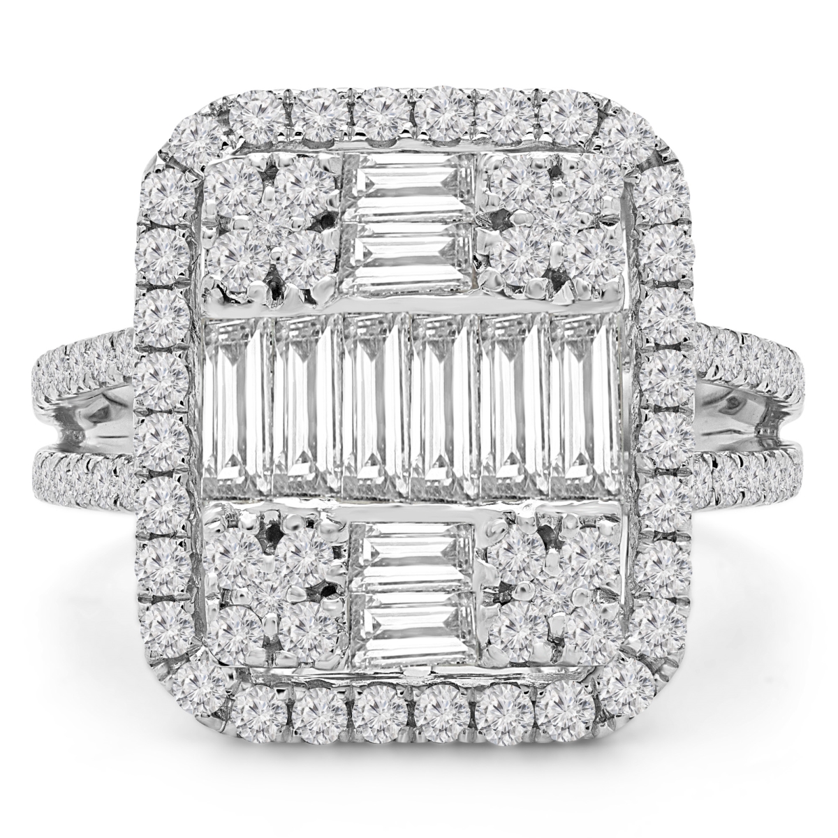MD190285-7 2 CTW Baguette Diamond Vintage Cluster Cushion Halo Cocktail Ring in 18K White Gold - Size 7