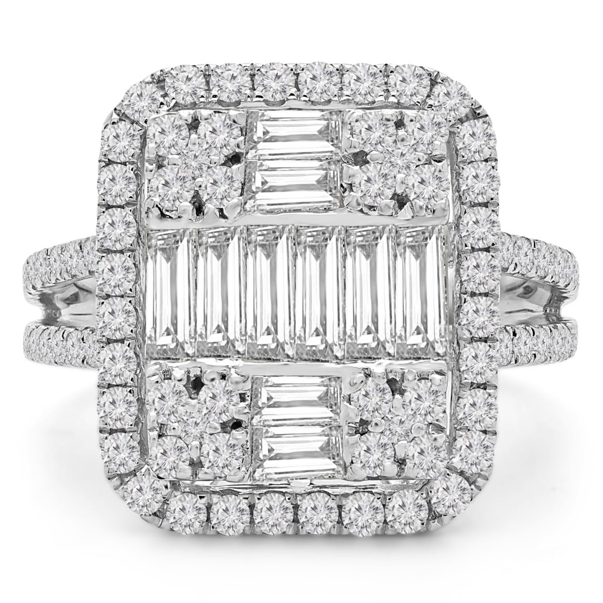 MD190285-7.5 2 CTW Baguette Diamond Vintage Cluster Cushion Halo Cocktail Ring in 18K White Gold - Size 7.5