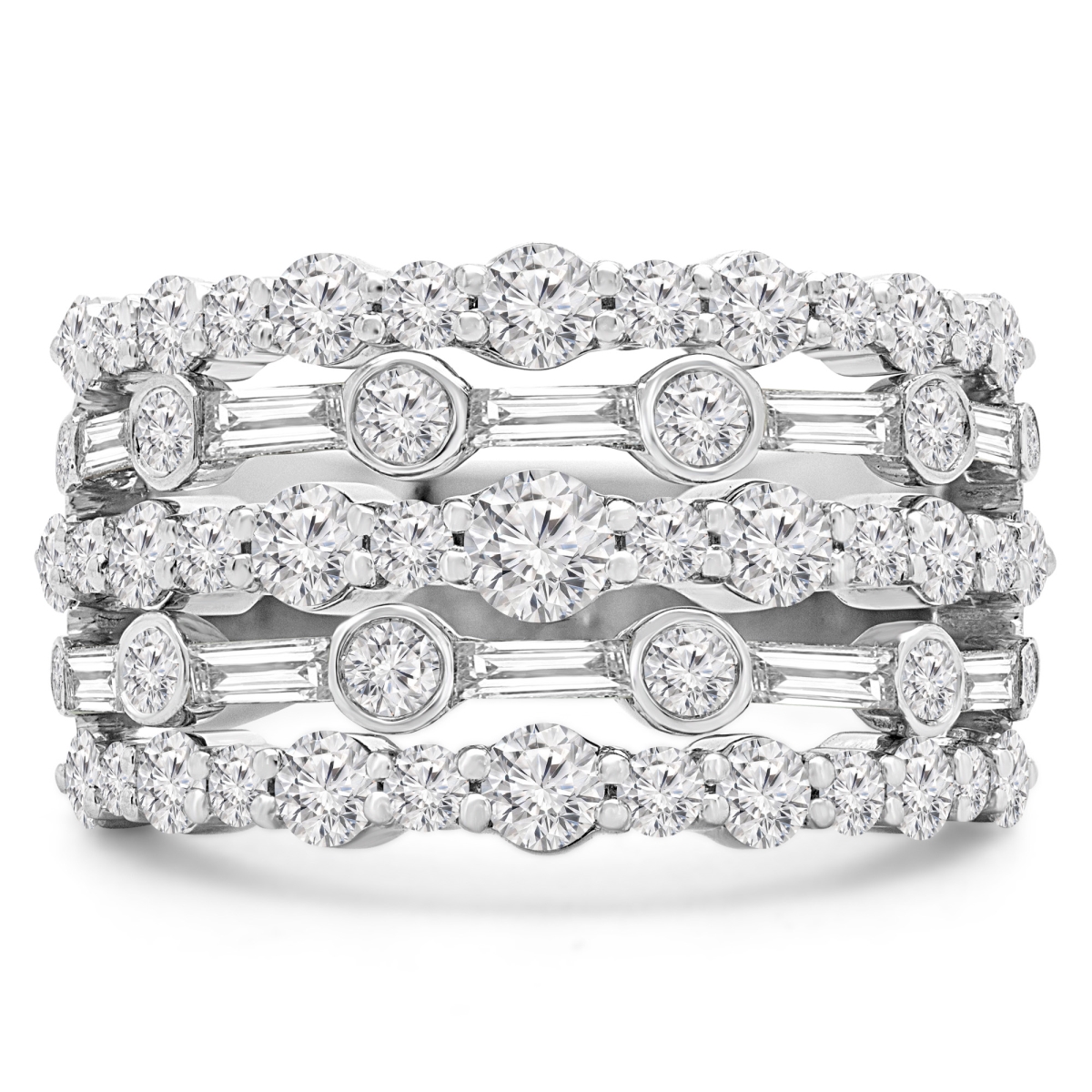 MD190286-6.25 2.125 CTW Round Diamond Vintage Five-Row Cocktail Ring in 18K White Gold - Size 6.25