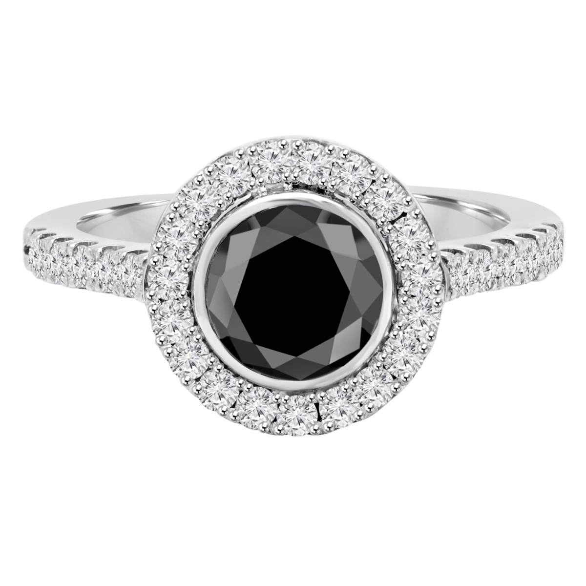 MD190288-5.25 2 CTW Round Black Diamond Bezel Set Halo Engagement Ring in 14K White Gold with Accents - Size 5.25 -  Majesty Diamonds
