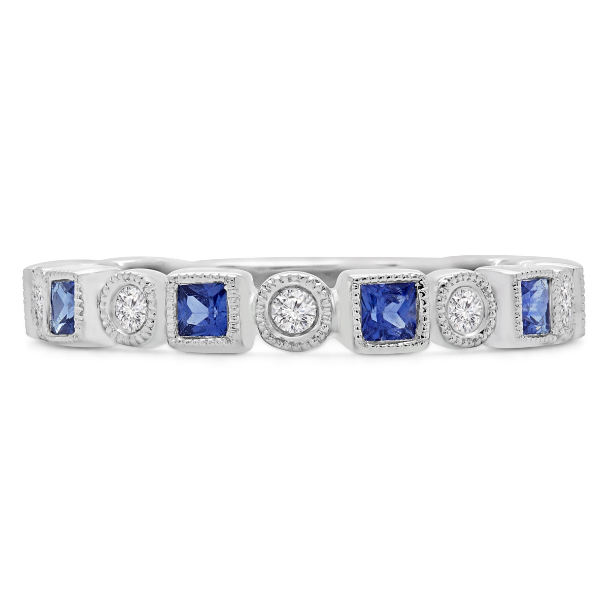 MD190318-6.75 0.875 CTW Princess Blue Tanzanite Vintage Milgrain Semi-Eternity Anniversary Wedding Band Ring in 18K White Gold - Size 6.75