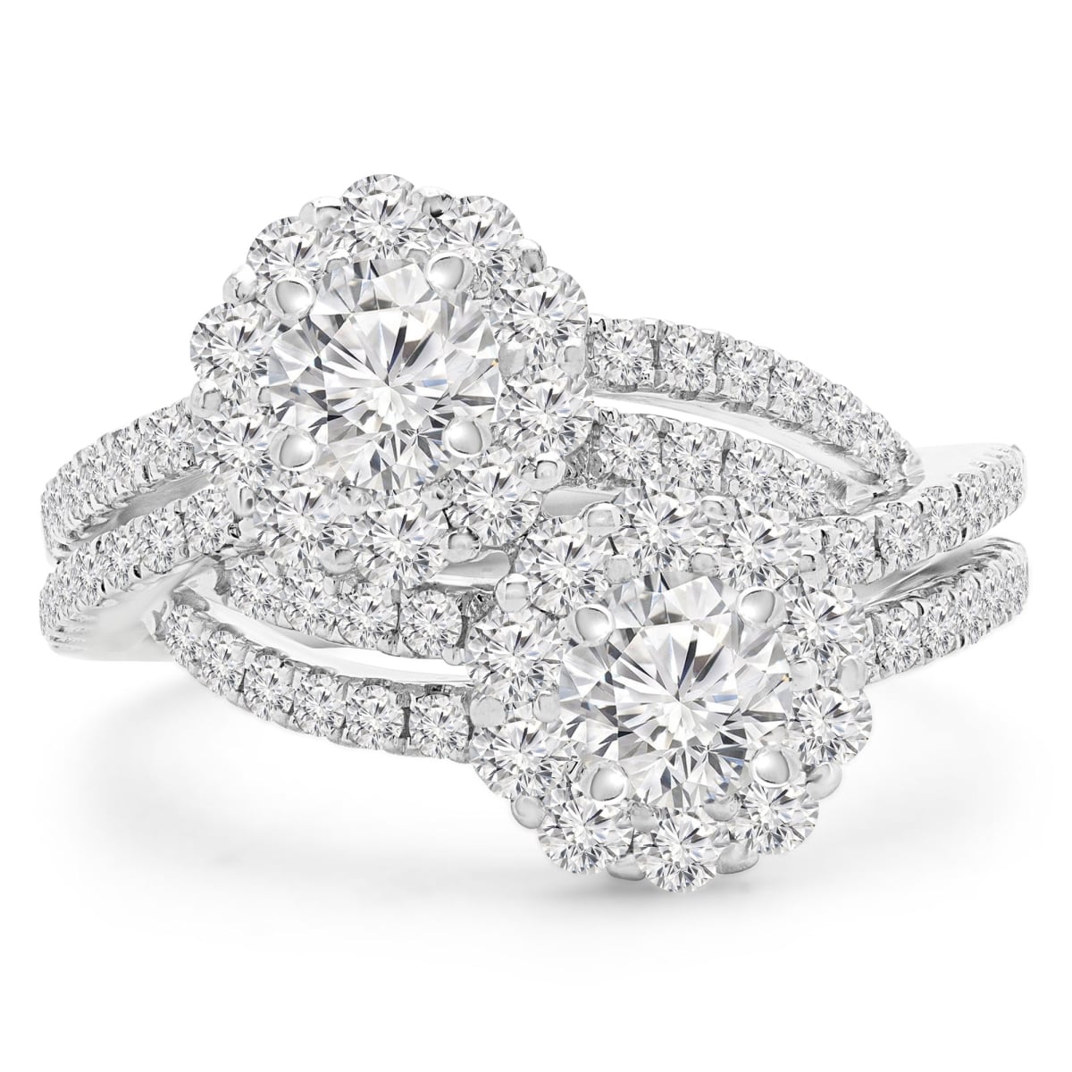 1.6 CTW Round Diamond Two-Stone Split-shank Halo Engagement Ring in 18K White Gold - Size 6.5