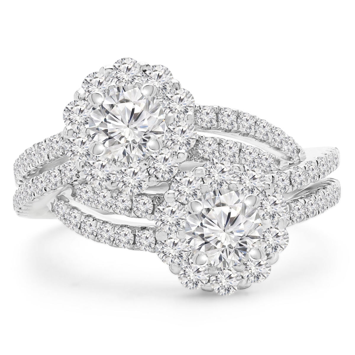 1.6 CTW Round Diamond Two-Stone Split-shank Halo Engagement Ring in 18K White Gold - Size 7