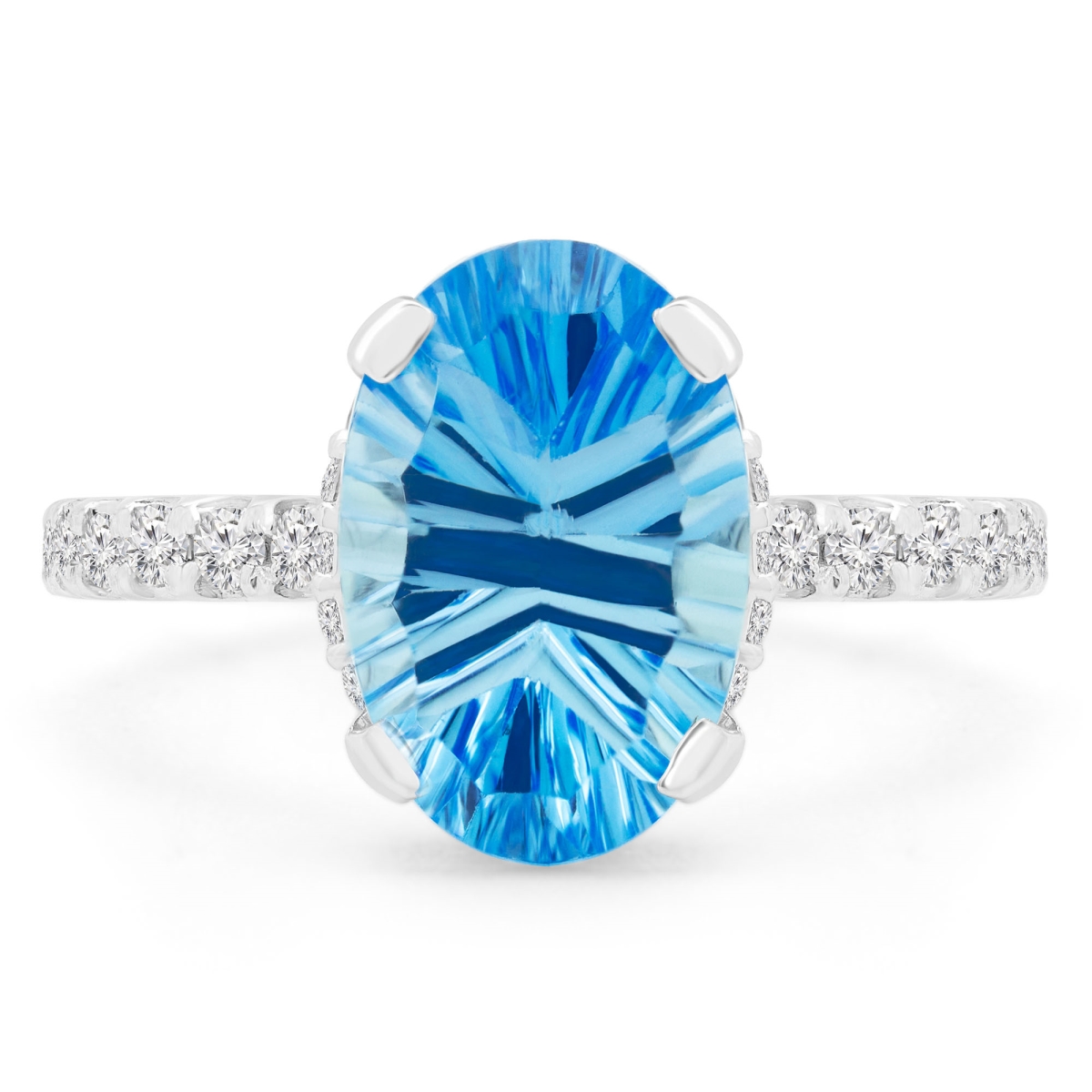 4.2 CTW Oval Blue Topaz Laser Cut Under Halo Engagement Ring in 14K White Gold - Size 8.5