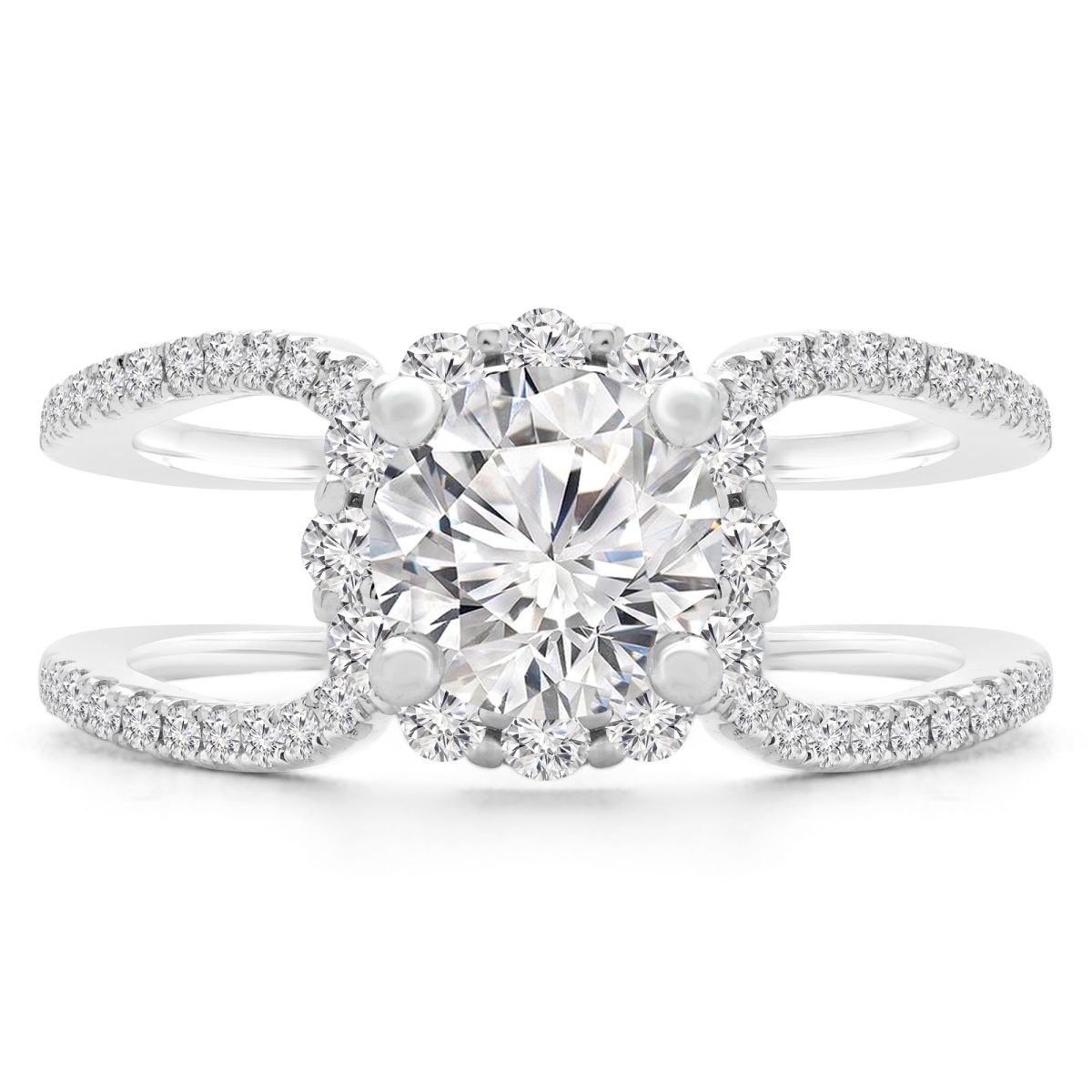 1.4 CTW Round Diamond Split-shank Halo Engagement Ring in 18K White Gold - Size 5.25