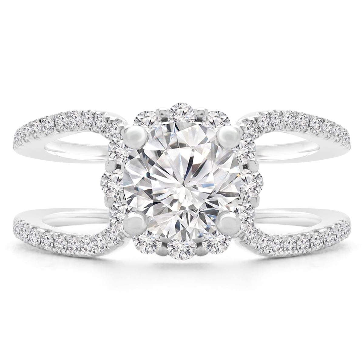 1.4 CTW Round Diamond Split-shank Halo Engagement Ring in 18K White Gold - Size 6