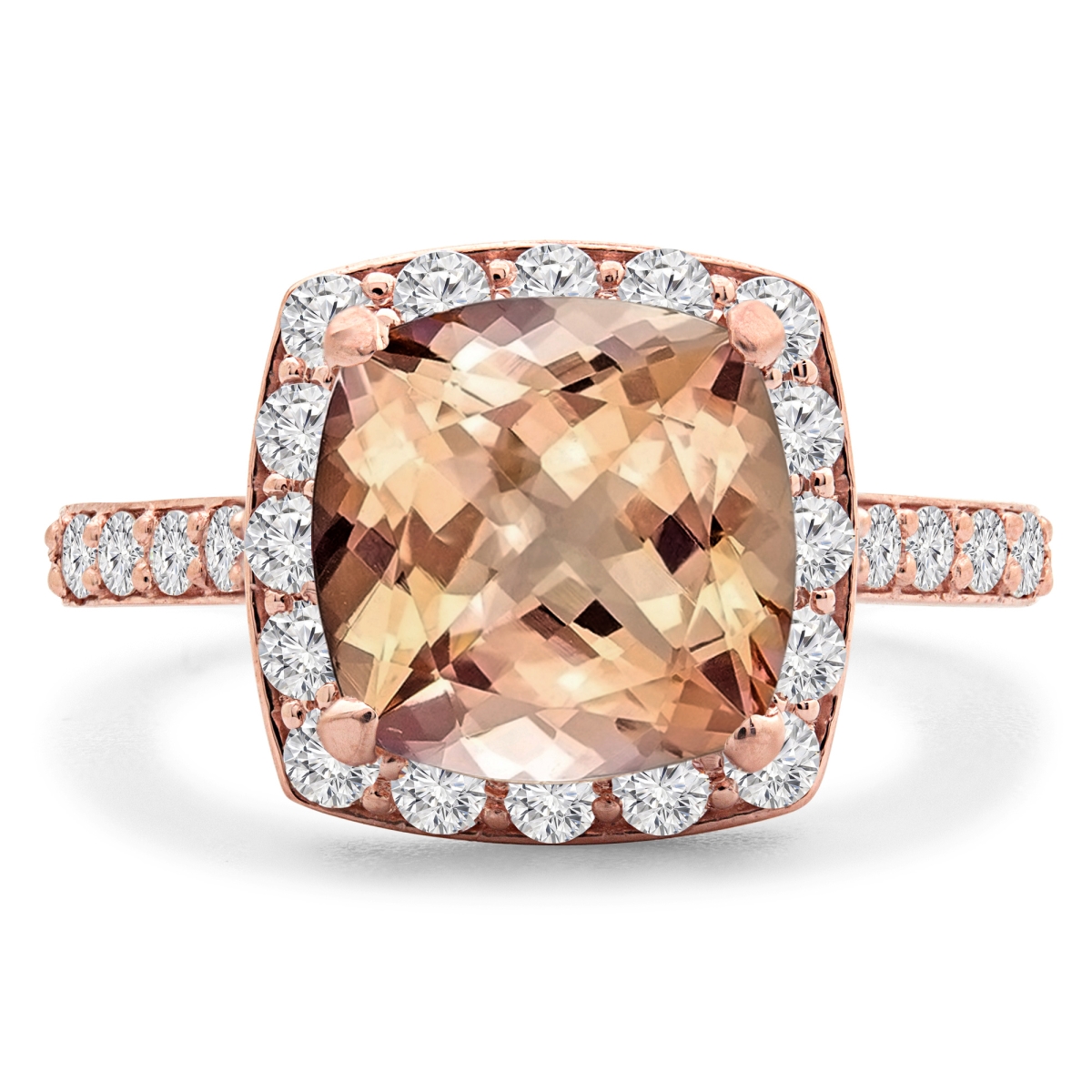 3.67 CTW Cushion Pink Morganite Cushion Halo Engagement Ring in 14K Rose Gold - Size 7.5