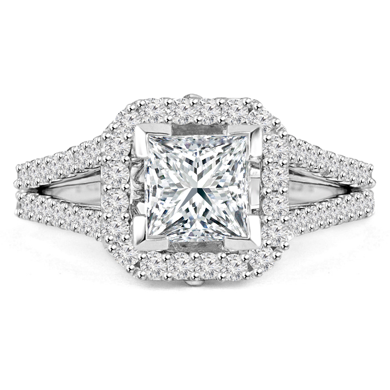 MD190571-8.75 2.14 CTW Princess Diamond Split Shank Radiant Halo Engagement Ring in 14K White Gold - Size 8.75
