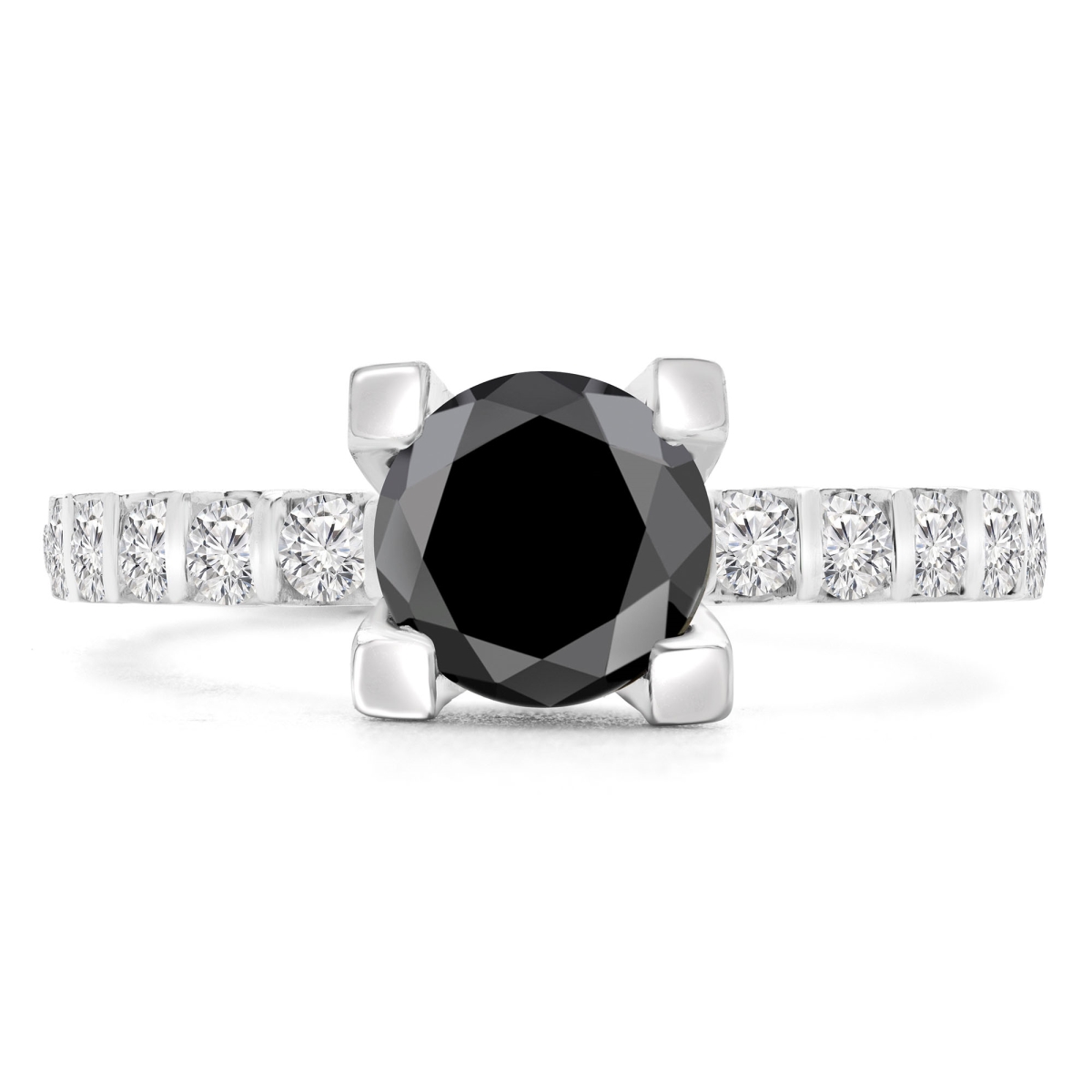 MD190411-4.5 2.4 CTW Round Black Diamond Solitaire with Accents Engagement Ring in 14K White Gold - Size 4.5