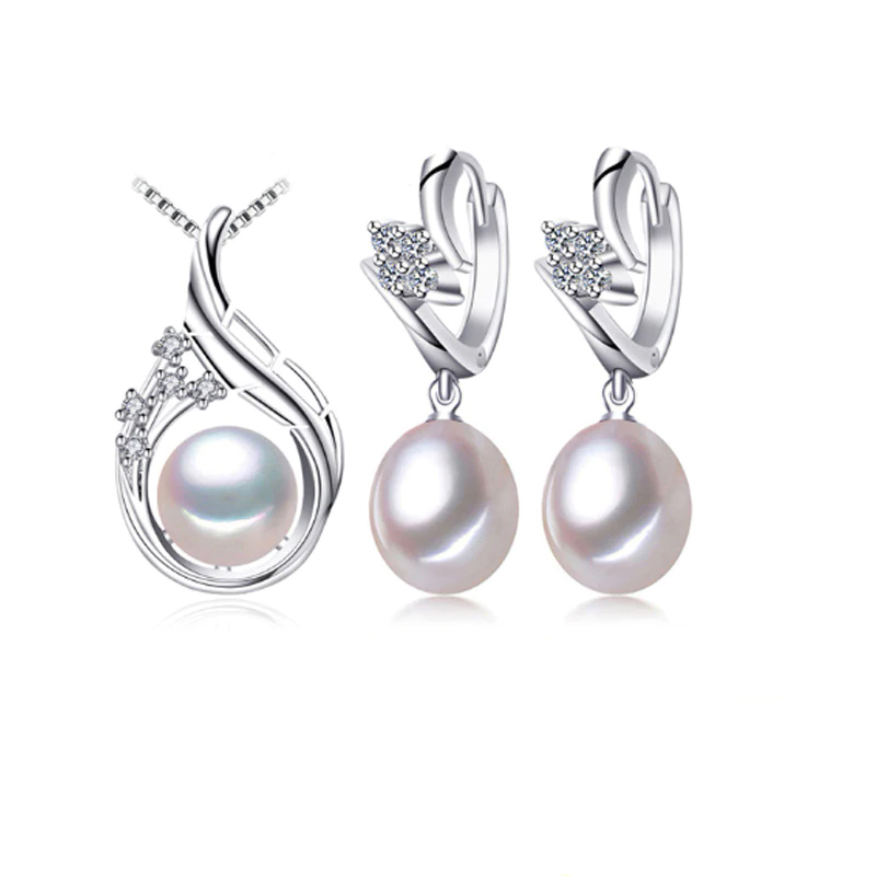 Picture of Majesty Diamonds MDS210068 Round White Freshwater Pearl Leaf Earrings & Pendant Set in 0.925 White Sterling Silver