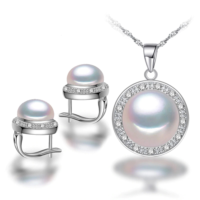 Picture of Majesty Diamonds MDS210075 Round White Freshwater Pearl Stud Halo Earrings & Pendant Set in 0.925 White Sterling Silver